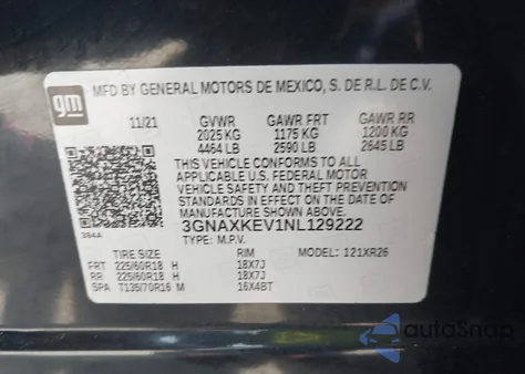 2022 Chevrolet Equinox Fwd Lt из США, поврежденный, VIN 3GNAXKEV1NL129222